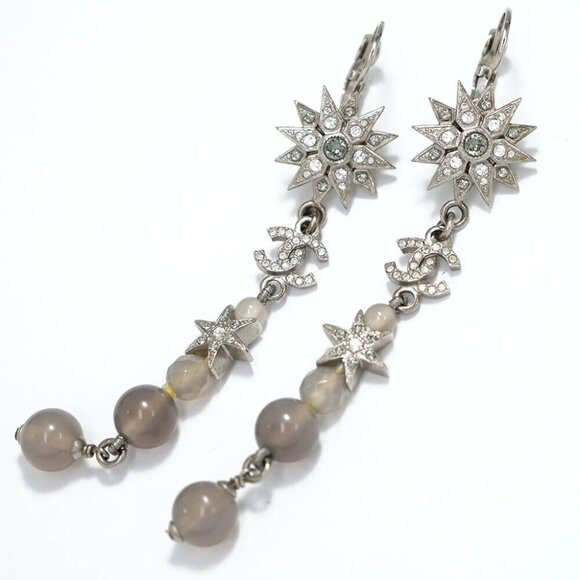 CHANEL CC Logos Rhinestone Star Drop Hook Earrings Silver Tone 15A Auth w/Bag - Picture 1 of 7